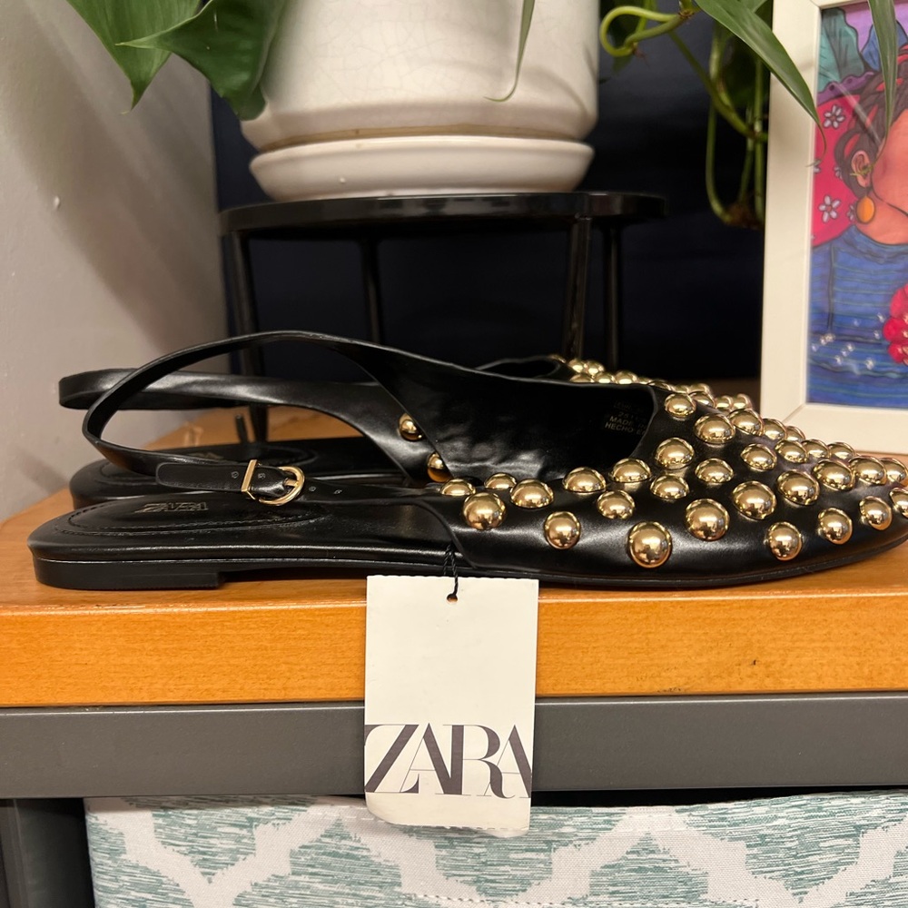 Zara brand New Women's Black Flats with Gold Studs - Picture 2 of 5